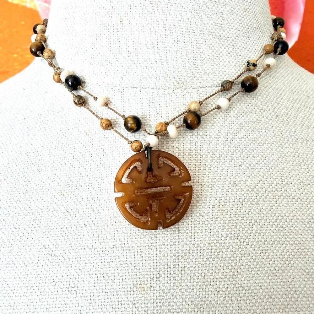 Vintage Chinese Shou Longevity Pendant Tiger’s eye double   Strand Necklace